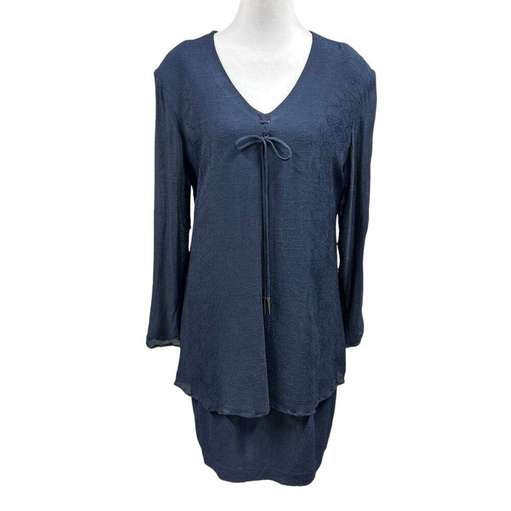 Vintage Liz Claiborne Textured Layered Long Sleeve Tie Career Dress Sz 14 Blue